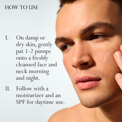 Model with swatch of Dieux Deliverance Serum on their face.

Text: How to Use:
1. On damp or dry skin, gently pat 1-2 pumps onto a freshly clean face and neck morning and night.
2. Follow with a moisturizer and an SPF for daytime use.