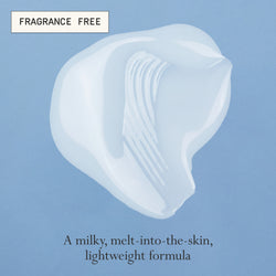 Product swatch of Dieux Deliverance Serum on a light blue background.

Text: Fragrance Free. A milky, melt-into-the-skin, lightweight formula.