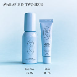 Image: Both sizes (75ml and 25ml) of Dieux Air Angel Gel Cream next to each other.

Text: Available in two sizes. Full-Size 75ml. Mini 25ml.