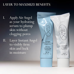 Image: Dieux Air Angel Gel Cream and Instant Angel Firming Moisturizer next to each other.

Text: Layer to Maximize Benefits
1. Apply Air Angel as your hydrating serum to plump skin without clogging pores
2. Layer Instant Angel to visibly firm skin and lock in moisture