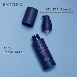 Dieux Deliverance Serum packaging on a light blue background.

Text: Recycling. Cap is 50% PCR Plastic. Bottle is 100% Recyclable. 