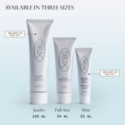 Image: all three sizes of Dieux Instant Angel Firming Moisturizer. From left to right, Instant Angel Jumbo 100ml (included in this kit), Instant Angel Full-Size 50ml, Instant Angel Mini 25ml (included in this kit).

Text: Available iIn Three Sizes.