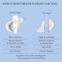 mage: Dieux Instant Angel Firming Moisturizer (L) and Air Angel Gel Cream and (R), featured with product swatches and on a light blue background.

Text: Which moisturizer is right for you?

Instant Angel: Rich, not heavy. Repairs barrier and smooths wrinkles. Dewy finish. Dry Climates.

Air Angel: Light and hydrating. Delivers moisture and plumps lines. Satin finish. Humid climates.

Both: Fragrance-free, non-comedogenic, non-acnegenic, non-sensitizing.