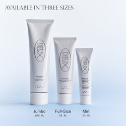 Size comparisons Dieux's Instant Angel Lipid-Rich Firming Moisturizer, available in 3 sizes