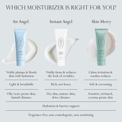 Dieux's moisturizer product lineup with descriptions of their differences on a light gray background