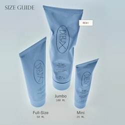 Dieux Air Angel Gel Cream size comparison: Jumbo, Full-Size, and Mini containers on a light gray background.