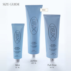 Dieux Air Angel Gel Cream size comparison: Jumbo, Full-Size, and Mini containers on a light gray background.