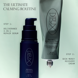 Dieux's Skin Mercy Recovery Cream and Dieux's Deliverance 3-in-1 Repair Serum on a light green background with text indicating a calming routine.