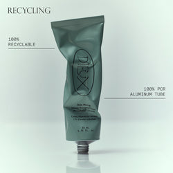 Dieux's Skin Mercy Recovery Cream tube on a white background, emphasizing recyclability.