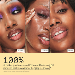 100% of makeup wearers said Ethereal Cleansing Oil removed makeup without tugging/stripping. Based on a 2-week consumer perception study of 23 panelists.