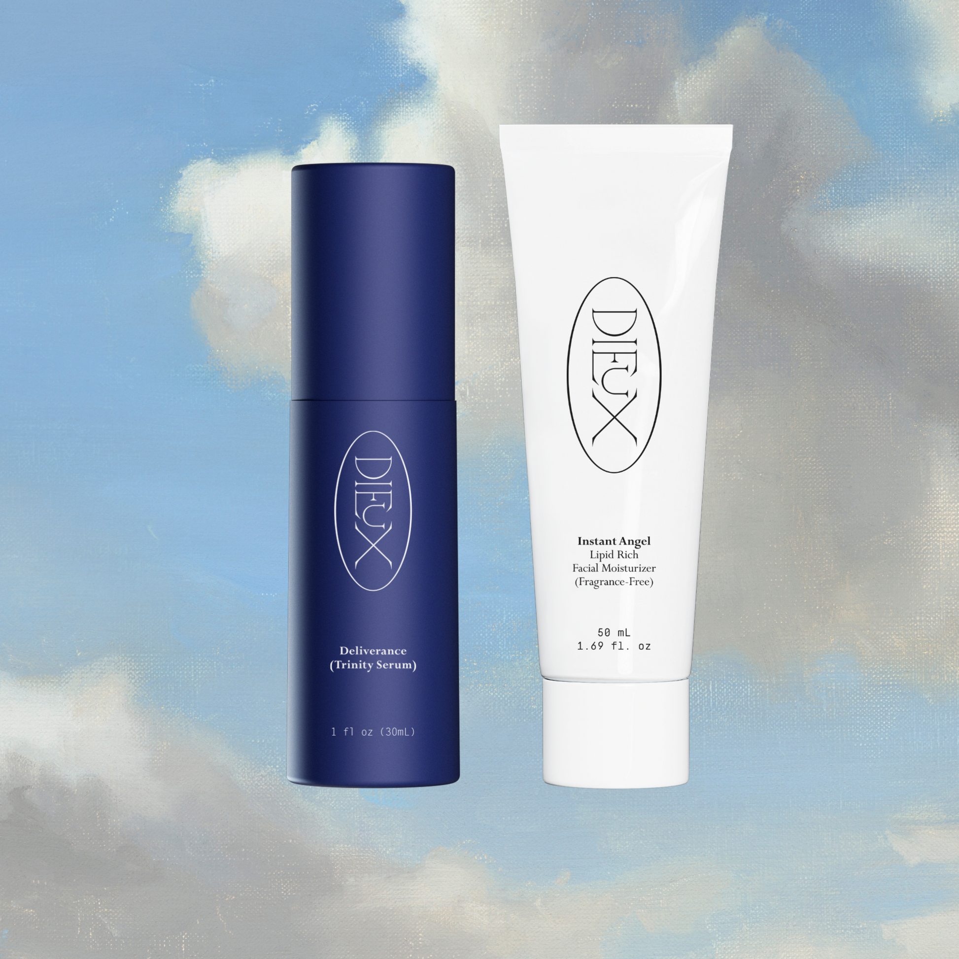 Dieux Skin products on painted cloud background: Deliverance Serum, Instant Angel Moisturizer 50ml
