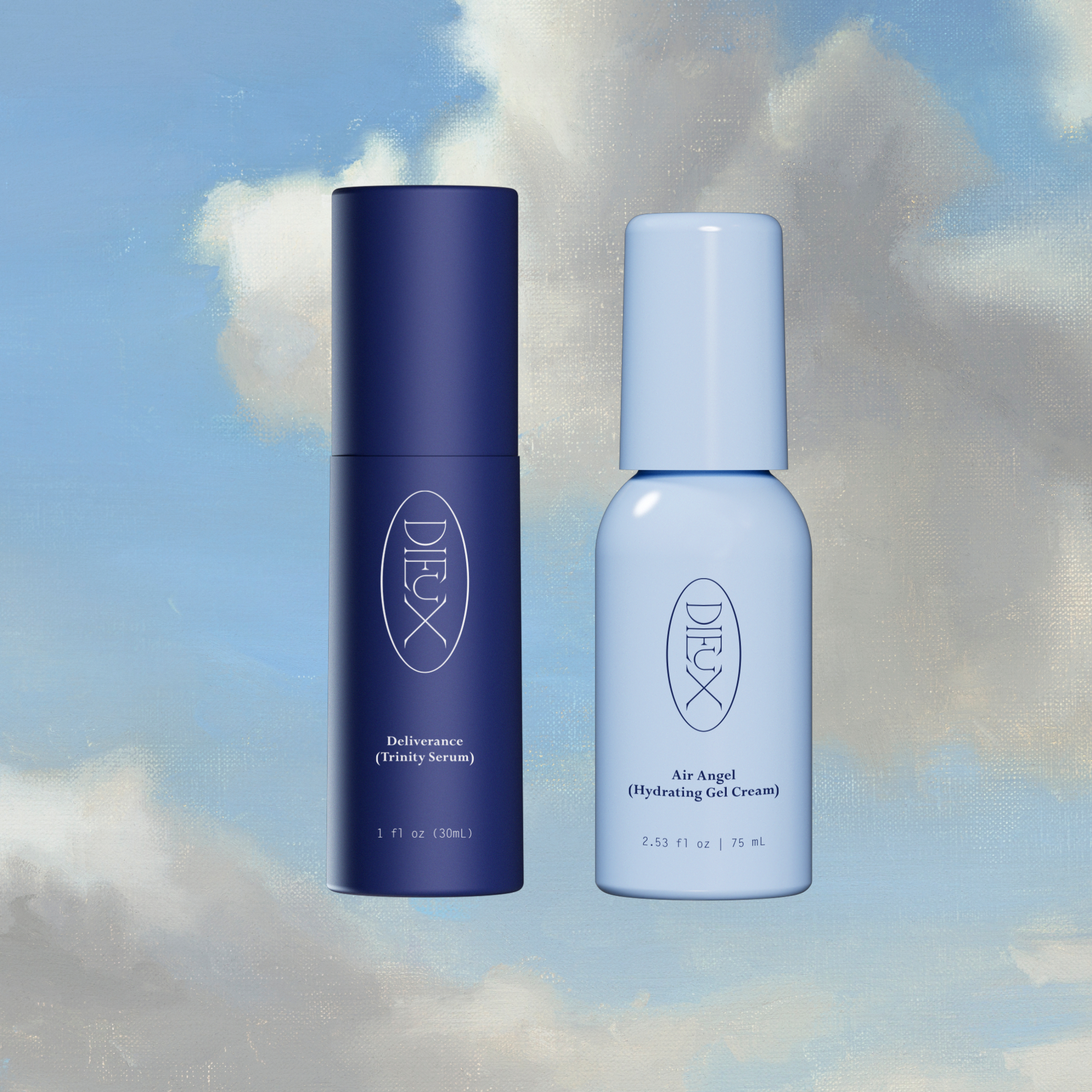 Dieux Skin products on painted cloud background: Deliverance Serum, Air Angel Gel Cream