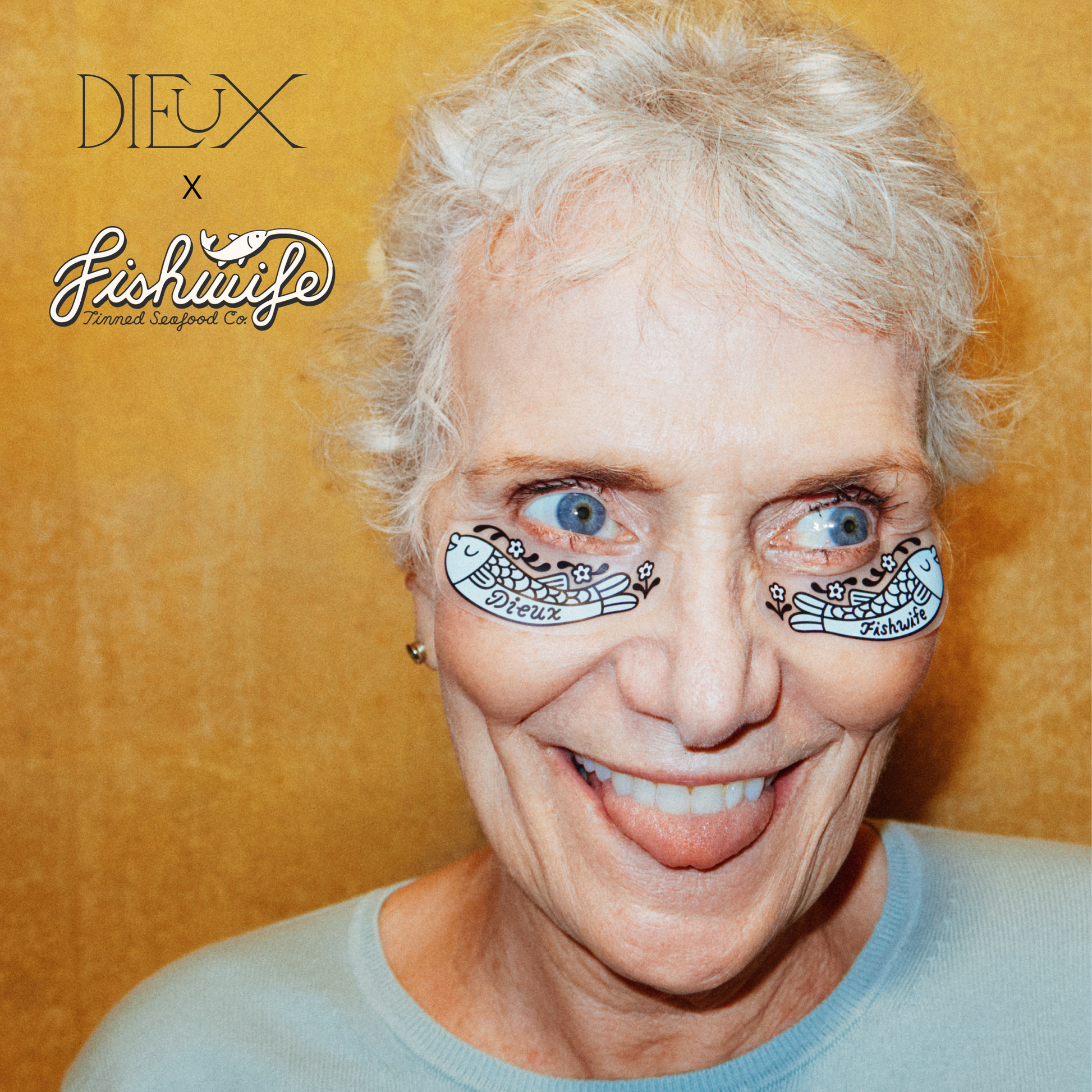 Model wearing the Dieux X Fishwife Tinned Seafood Co. Good Taste Forever Eye Mask