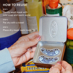How to reuse Good Taste Forever Eye Mask. Step 1: Gently wash mask with mild soap and warm water. Step 2: Pat dry with a towel. Step 3: Place dry mask back inside tin. 
