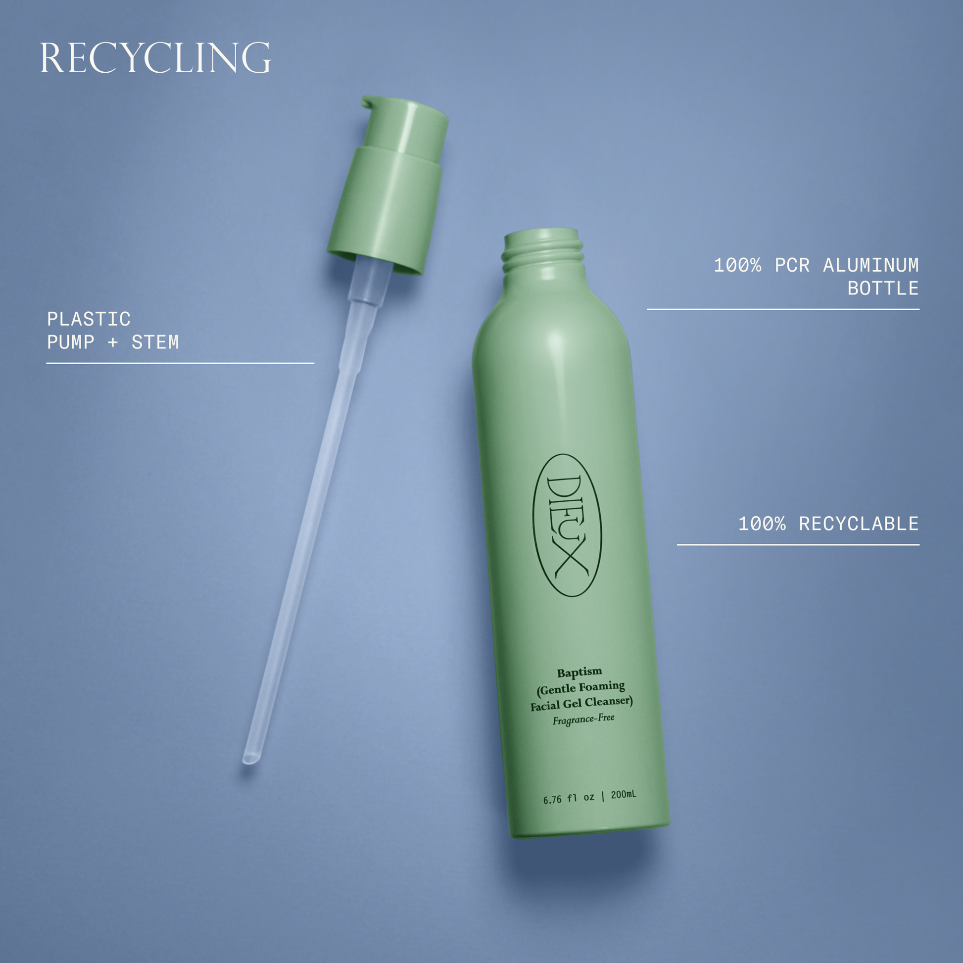 Baptism recycling. Plastic pump and stem. 100% PCR aluminum bottle and 100% recyclable.