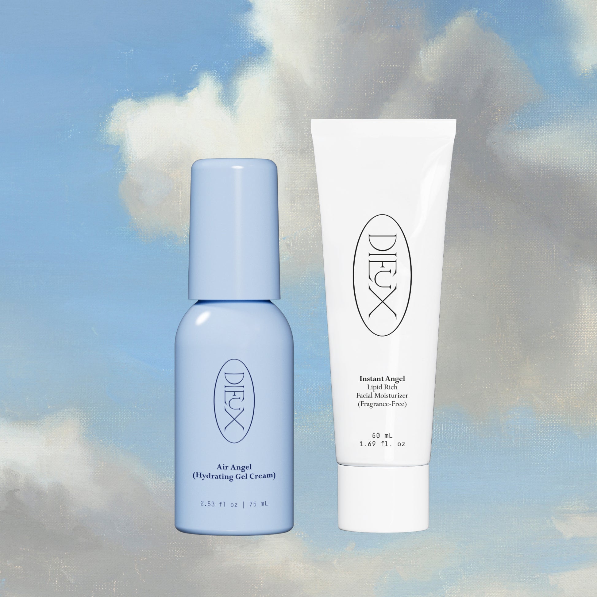 Dieux Skin products on painted cloud background: Air Angel Gel Cream, Instant Angel Moisturizer 50ml