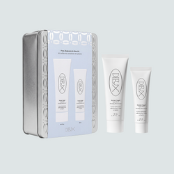 Dieux Hydration-On-Loop Kit. Firm, replenish, & glow duo with mini & full-size Instant Angel Lipid-Rich Firming Moisturizer. Packaged in a custom patterned tins for collecting keepsakes.