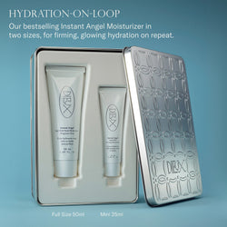 Dieux Hydration-On-Loop Kit. Our bestselling Instant Angel Moisturizer in two sizes, for firming, glowing hydration on repeat. Full size 50ml and mini 25ml. 
