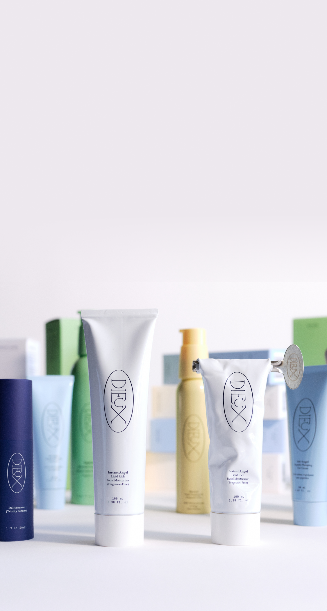 Collection of skincare products with 'Dieux' branding on a white background